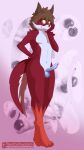  anthro blue_genitals blue_penis brown_eyes brown_hair canid canine canis fan_character fur genitals girly hair male mammal orange_body orange_fur penis raunchyhaunches red_body river_wolfe solo white_body white_fur wolf 