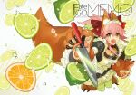  1girl animal_ear_fluff animal_ears animal_hands apron bangs bell black_dress blush bow breasts collar dress fangs fate/extra fate/grand_order fate_(series) food fox_ears fox_girl fox_tail frills fruit gloves hair_between_eyes hair_bow highres jingle_bell knife large_breasts lemon lemon_slice lime_(fruit) lime_slice long_hair looking_at_viewer neck_bell open_mouth paw_gloves paw_shoes pink_hair ponytail puffy_short_sleeves puffy_sleeves red_bow short_sleeves sidelocks smile solo tail tamamo_(fate) tamamo_cat_(fate) tamamo_cat_(second_ascension)_(fate) thighhighs wada_arco water_drop white_apron white_thighhighs yellow_eyes 