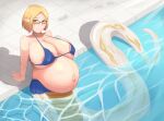  13otsu 1girl arm_support big_belly bikini bikini_skirt black-framed_eyewear blonde_hair blue_bikini borrowed_character breasts glasses green_eyes highres huge_breasts lamia large_areolae monster_girl navel original partially_submerged pointy_ears pool pregnant scales short_hair smile solo swimsuit 