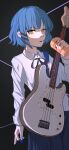  1girl arm_at_side bangs bass_guitar black_background black_ribbon blue_hair blue_skirt bocchi_the_rock! chinese_commentary collared_shirt cup dark_background earrings english_commentary fwqh1208 hair_ornament hairclip highres holding holding_cup holding_plectrum instrument jewelry looking_away mixed-language_commentary mole mole_under_eye neck_ribbon nose parted_lips plectrum ribbon school_uniform shirt short_hair skirt solo stud_earrings tsurime upper_body white_shirt yamada_ryou yellow_eyes 