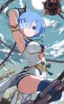  1girl alternate_costume armpits ball_and_chain_(weapon) blue_eyes blue_hair bodysuit breasts day gauntlets hair_ornament highres holding holding_weapon looking_at_viewer medium_breasts official_art outdoors re:zero_kara_hajimeru_isekai_seikatsu re:zero_kara_hajimeru_isekai_seikatsu:_lost_in_memories rem_(re:zero) short_hair solo spike_ball spiked_ball_and_chain standing standing_on_one_leg tassel third-party_source weapon white_bodysuit x_hair_ornament 