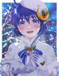  19670615t 1girl ahoge blue_eyes blue_hair blush christmas crescent crescent_hair_ornament fur_trim gloves hair_ornament highres looking_at_viewer open_mouth pointy_ears rena_lanford short_hair smile solo star_ocean star_ocean_anamnesis star_ocean_the_second_story 