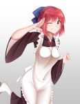  1girl ;p absurdres apron blue_bow bow breasts commentary_request frilled_apron frills hair_bow highres japanese_clothes kimono kohaku_(tsukihime) looking_at_viewer medium_breasts one_eye_closed red_hair salute short_hair smile socks solo thighs tongue tongue_out tsukihime white_apron white_socks wide_sleeves yellow_eyes zero0ex 