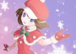  1girl :d absurdres blue_eyes brown_hair christmas fur_trim haruka_(saru_getchu) hat highres looking_at_viewer open_mouth outstretched_hand saru_getchu short_hair smile snowflakes solo supure647 