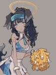  1girl animal_ears bangs black_hair blue_archive blue_skirt blunt_bangs bracelet breasts bright_pupils cheerleader cleavage closed_mouth commentary crop_top dog_ears dog_girl dog_tail goggles goggles_on_head grey_background hibiki_(blue_archive) hibiki_(cheerleader)_(blue_archive) highres holding holding_pom_poms jewelry long_hair looking_at_viewer official_alternate_costume pixel_art pom_pom_(cheerleading) simple_background sivcha skirt solo star_(symbol) sticker_on_arm symbol-only_commentary tail white_pupils white_skirt yellow_halo 