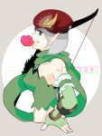  1girl bangs beret blue_eyes bow_(weapon) bra_strap breasts bubble_blowing chewing_gum closed_mouth commentary_request fingerless_gloves gloves green_gloves green_scarf green_tube_top grey_hair hat holding holding_bow_(weapon) holding_weapon looking_at_viewer looking_to_the_side medium_breasts midriff navel norokome pointy_ears profile ragnarok_online ranger_(ragnarok_online) red_headwear scarf short_hair smile solo strapless tube_top upper_body weapon 