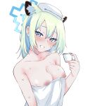  1girl animal_ear_fluff animal_ears bangs berserkert blue_archive blush breasts commentary cup eyelashes hair_between_eyes halo highres holding holding_cup large_breasts light_green_hair looking_at_viewer multicolored_hair nipples shigure_(blue_archive) short_hair simple_background solo symbol-only_commentary towel towel_on_head upper_body wet white_background 