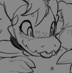  anthro beepunz big_hands duo female human kobold macro male mammal monochrome scalie size_difference smile tongue tongue_out 