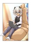  1girl 1other android black_necktie black_vest blue_eyes busou_shinki carrying character_request computer fang glasses highres imagawa_akira laptop mechanical_arms mechanical_hands minigirl necktie round_eyewear sitting smile solo_focus vest white_hair 