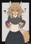  &lt;3 2022 anthro ayabemiso blush bottomwear breasts canid canine clothed clothing clothing_lift cute_fangs digital_media_(artwork) female female_anthro fox fur hair hi_res kemono looking_at_viewer mammal multicolored_body multicolored_fur navel pants shirt shirt_lift solo topwear under_boob 