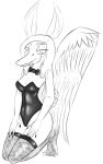  5_fingers 5_toes anthro big_wings black_fingernails bow_tie breasts cleavage clothed clothing crotch_lines elbow_tuft fake_ears fake_rabbit_ears fang_(gvh) feathered_wings feathers feet female fingers fishnet fishnet_legwear goodbye_volcano_high hair hand_on_leg hand_on_thigh hi_res kneeling legwear leotard looking_at_viewer monochrome plantigrade pterodactylus pterosaur reptile scalie smile snoot_game_(fan_game) solo stockings strapless_clothing strapless_leotard thigh_highs toes unknown_artist wide_hips wings 