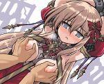  armpits azur_lane between_breasts blush bound bound_wrists bow breast_grab breasts brown_hair chain cuffs elbow_pads fortune_(azur_lane) fortune_(meta)_(azur_lane) grabbing grey_eyes hair_bow hair_ornament hairclip large_breasts long_hair nipples no_bra open_mouth shackles tsuzuri_(tuzuri) upper_body 