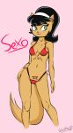  2022 anthro bikini black_hair breasts clothed clothing digital_drawing_(artwork) digital_media_(artwork) domestic_cat felid feline felis female fur gold-white-kott green_eyes hair hi_res kitty_katswell mammal medium_breasts nickelodeon pink_background pubes red_bikini signature simple_background solo standing swimwear t.u.f.f._puppy tan_body tan_fur 