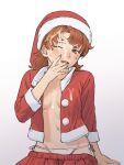  1girl arinsu_(kodamamaimai) blush breasts brown_hair christmas cum cum_on_body cum_on_breasts curly_hair dragon_quest dragon_quest_vii facial green_eyes hat highres long_hair looking_at_viewer maribel_(dq7) one_eye_closed open_mouth panties santa_hat simple_background solo string_panties underwear white_background 