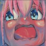  1girl :o album_cover album_cover_redraw bangs blue_eyes blush bocchi_the_rock! close-up copyright_name cover derivative_work distress gotou_hitori hair_between_eyes highres in_the_court_of_the_crimson_king king_crimson long_hair looking_away nishizono_shin open_mouth parody pink_hair portrait solo 