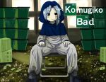  1girl bangs bastardkuzu blue_hair blue_hood blush breaking_bad bucket chair closed_mouth colored_skin commentary_request cookie_(touhou) flat_chest flour_(cookie) folding_chair full_body grey_jumpsuit hood hood_up indoors jumpsuit kumoi_ichirin money parted_bangs short_hair sitting smile smug solo touhou white_skin 