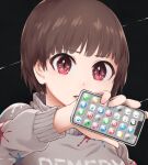  1girl bangs black_background brown_hair cellphone grey_sweater holding holding_phone looking_at_viewer original parted_lips phone portrait red_eyes short_hair smartphone solo sweater yajirushi_(chanoma) 