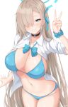  1girl arm_up asuna_(blue_archive) bangs bikini black_choker blue_archive blue_bikini blue_bow blue_bowtie blue_eyes blue_ribbon blue_scrunchie blush bow bowtie breasts choker cleavage collared_shirt commentary cowboy_shot dress_shirt english_commentary grin groin hair_over_one_eye hair_ribbon halo hand_up hayana_neru highres large_breasts light_brown_hair long_bangs long_hair looking_at_viewer loose_bowtie mole mole_on_breast navel no_pants one_eye_covered open_clothes open_shirt paid_reward_available ribbon scrunchie shirt signature simple_background sleeves_rolled_up smile solo stomach straight_hair swept_bangs swimsuit thighs v very_long_hair white_background white_shirt wrist_scrunchie 