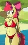  2015 absurd_res accessory aged_up an-tonio anthro anthrofied apple_bloom_(mlp) bikini breasts camel_toe cleavage clothed clothing collaboration cutie_mark detailed_background digital_drawing_(artwork) digital_media_(artwork) earth_pony equid equine female flower flower_in_hair friendship_is_magic hair hair_accessory hasbro hi_res hooves horse mammal my_little_pony navel pananovich plant pony red_bikini red_bikini_bottom red_bikini_top red_hair red_tail semi-anthro side-tie_bikini solo swimwear swing yellow_body 