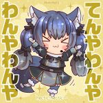  1girl animal_ear_fluff animal_ears belt blazer blue_hair coroha dire_wolf_(kemono_friends) extra_ears gloves jacket kemono_friends kemono_friends_v_project kneehighs long_hair microphone ribbon scarf shoes simple_background skirt socks solo tail twintails virtual_youtuber wolf_ears wolf_girl wolf_tail 
