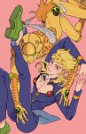  1boy absurdres blonde_hair blue_eyes blue_jacket blue_pants braid bug giorno_giovanna gold_experience highres honlo interlocked_fingers jacket jojo_no_kimyou_na_bouken ladybug leg_up long_hair long_sleeves looking_at_viewer male_focus own_hands_together pants pectorals pink_background smile stand_(jojo) vento_aureo 