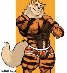  2022 abs absurd_res anthro anthrofied arcanine artist_name barazoku big_bulge big_muscles body_hair bulge claws clothed clothing darknaigart fur generation_1_pokemon hand_on_shoulder happy_trail hi_res huge_muscles male mane muscular muscular_anthro muscular_male navel nintendo obliques pecs pokemon pokemon_(species) pokemorph pubes simple_background smile solo standing teeth thick_thighs topless topless_anthro topless_male tuft underwear video_games 