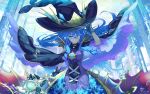  1girl bangs black_gloves blue_eyes blue_hair duel_monster evigishki_nereimanas gloves hair_between_eyes hand_on_headwear hat holding holding_staff hsin large_hat long_hair looking_at_viewer open_mouth parted_lips staff wide_sleeves witch_hat yu-gi-oh! 