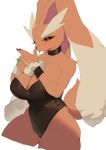  1girl animal_ears bare_legs black_choker black_leotard black_sclera breasts choker cleavage colored_sclera furry furry_female highres large_breasts leotard lopunny pink_eyes playboy_bunny pokemon rabbit_ears rabbit_tail simple_background solo tail thighs white_background woobin94 