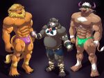  2021 3_toes 4:3 5_toes abs anthro bandai_namco biceps bill10802 biped bovid bovine bulge cattle claws clothing digimon digimon_(species) digital_drawing_(artwork) digital_media_(artwork) dominant dominant_male feet felid footwear fur group hair harness hi_res horn hypnosis leomon lifewonders lion live-a-hero male male/male mammal mane mane_hair mind_control muscular muscular_anthro muscular_male nipples pantherine pecs pubes ringed_eyes shennong simple_background soul_stealing submissive submissive_male tight_clothing toe_claws toeless_footwear toes tokyo_afterschool_summoners underwear ursid video_games villainous x-zudomon 