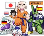  2022_fifa_world_cup 4boys al_rihla angry bald ball belt black_hair blue_belt cell_(dragon_ball) commentary_request constricted_pupils costa_rican_flag crossed_bandaids defeat dougi dragon_ball dragon_ball_z drooling frieza full_body german_flag highres himekishi_tarutu_(artist) japanese_flag kuririn looking_at_viewer male_focus multiple_boys open_mouth scratches smile soccer_ball spanish_flag sweatdrop trembling world_cup yamcha 