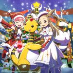  2girls :d ampharos bangs belt blush boots brown_belt brown_eyes brown_hair christmas christmas_lights christmas_tree closed_eyes commentary_request dress eyelashes gloves hat highres jasmine_(holiday_2022)_(pokemon) jasmine_(pokemon) leg_up long_hair multiple_girls night official_alternate_costume official_art one_side_up open_mouth outdoors pantyhose pink_hair pokemon pokemon_(creature) pokemon_(game) pokemon_masters_ex red_footwear red_headwear sakuma_sanosuke santa_hat sawsbuck sawsbuck_(winter) shorts sky smile snow_sculpture snowflakes snowing teeth tongue upper_teeth white_dress white_headwear white_pantyhose white_shorts whitney_(holiday_2022)_(pokemon) whitney_(pokemon) 