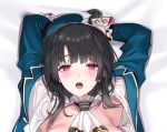  1girl arms_up ascot bangs bed_sheet beret black_gloves black_hair blue_headwear blush breasts dakimakura_(medium) gloves hat hayakawa_akari kantai_collection large_breasts long_sleeves looking_at_viewer lying military military_uniform on_back open_clothes open_mouth pink_eyes red_eyes sheet_grab solo sweat takao_(kancolle) uniform upper_body 