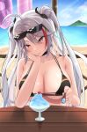  1girl absurdres azur_lane beach bikini black_bikini black_choker choker cross cross_earrings earrings eyewear_on_head flag_print food german_flag german_flag_bikini hand_on_own_cheek hand_on_own_face head_rest highres indoors iron_cross jewelry looking_at_viewer meron_(mblalula) multicolored_hair official_alternate_costume orange_eyes pov_across_table prinz_eugen_(azur_lane) prinz_eugen_(unfading_smile)_(azur_lane) round_table sand shaved_ice solo streaked_hair sunglasses swimsuit table upper_body water window wooden_table 