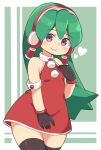  1girl android bare_shoulders black_gloves breasts charu_(saru_getchu) christmas closed_mouth gloves green_hair kei_15 long_hair looking_at_viewer ponytail purple_eyes robot_ears saru_getchu skirt smile solo standing thighhighs 
