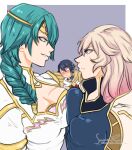  1boy 2girls alfonse_(fire_emblem) armor asymmetrical_docking bangs blonde_hair blue_hair blush braid braided_ponytail breast_press breasts circlet cleavage dress fire_emblem fire_emblem_heroes gold_trim green_hair grin hair_ornament hair_over_one_eye highres kiran_(fire_emblem)_(female) large_breasts lips medium_hair multicolored_hair multiple_girls open_mouth purple_eyes robe short_hair sierra117renner simple_background single_braid smile thorr_(fire_emblem) white_dress white_robe yellow_eyes 