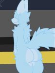  2_tails anthro big_butt blue_body blue_fur butt embarrassed fr3yo fur ghost_fox_(kaiju_paradise) girly gootraxian hi_res kaiju_paradise male multi_tail multicolored_body presenting roblox solo thick_thighs 