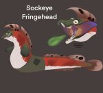  ambiguous_gender belly clothing feral fin fish green_body green_scales hi_res hybrid marine nintendo open_mouth patch_(fabric) red_body red_eyes red_scales salmonid_(splatoon) scales sharp_teeth solo spicydrag0n spitting splatoon tail_fin teeth video_games white_belly 