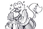  &lt;3 anthro big_butt black_and_white blush blush_lines butt canid canine canis clothing dog_boy_(mevka) domestic_dog duo embrace eyes_closed female fox fox_girl_(mevka) hug male male/female mammal mevka_(artist) monochrome neck_tuft romantic romantic_couple scratches size_difference sweater tail_motion tailwag thick_thighs tight_clothing topwear tuft 