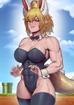  abs absurdres animal_ears bare_arms bare_pectorals bare_shoulders biceps black_leotard black_thighhighs blonde_hair blue_eyes blush bowsette breasts collar collarbone crown deltoids dragon_tail genderswap genderswap_(mtf) highres horns large_breasts leotard looking_at_viewer mario_(series) muscular muscular_female neck_ribbon new_super_mario_bros._u_deluxe pectorals rabbit_ears ribbon sharp_teeth short_hair smile tail teeth the_super_mario_bros._movie thick_thighs thighhighs thighs wristband 