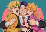  3boys :d black_jacket black_nails blonde_hair blue_hair blush bracelet closed_eyes dio_brando earrings english_commentary facing_viewer family fangs father_and_son formal giorno_giovanna green_eyes green_lips grin group_hug happy headband heart honlo hug jacket jewelry jojo_no_kimyou_na_bouken jonathan_joestar long_hair long_sleeves looking_at_viewer male_focus multiple_boys muscular necktie phantom_blood pink_jacket red_eyes red_necktie shirt short_hair smile stardust_crusaders vento_aureo vest white_shirt yellow_jacket 
