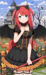  1girl alternate_costume bird black_dress blue_eyes blue_sky blush breasts crow day demon_girl demon_horns demon_tail demon_wings dress european_architecture fake_horns fishnets frilled_dress frills halloween halloween_costume highres holding_trident horns jack-o&#039;-lantern long_hair looking_at_viewer medium_breasts official_art open_mouth outdoors polearm puffy_short_sleeves puffy_sleeves pumpkin re:zero_kara_hajimeru_isekai_seikatsu re:zero_kara_hajimeru_isekai_seikatsu:_lost_in_memories red_eyes short_sleeves sky solo tail theresia_van_astrea trident two_side_up weapon wings 