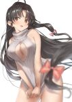  1girl ahoge black_hair blush breasts brown_eyes cleavage cowboy_shot kantai_collection large_breasts long_hair low-tied_long_hair meme_attire open_mouth ribbed_sweater shouhou_(kancolle) simple_background smile solo sweater toka_(marchlizard) very_long_hair virgin_killer_sweater white_background white_sweater 