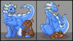  animate_inanimate anthro black_border blue_body blue_eyes border brown_body dragon duo feral fin fur horn inflatable living_inflatable membrane_(anatomy) membranous_wings pool_toy scalie symrea wings 