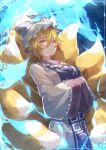  1girl animal_ears blonde_hair chiroru_(cheese-roll) closed_mouth dress fox_ears fox_tail hair_between_eyes hands_in_opposite_sleeves hat highres multiple_tails pillow_hat short_hair sleeves_past_fingers sleeves_past_wrists smile solo tabard tail touhou upper_body white_dress white_headwear yakumo_ran yellow_eyes 