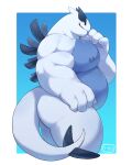  2022 4:5 4_fingers anthro artist_name belly blue_background blue_body blue_countershading blue_nipples blue_skin butt countershade_torso countershading fingers generation_2_pokemon hi_res legendary_pokemon looking_at_viewer lugia male multicolored_body musclegut muscular muscular_anthro muscular_arms muscular_male nintendo nipples nude o-ro overweight overweight_anthro overweight_male pecs pokemon pokemon_(species) portrait side_view simple_background smile solo thick_thighs three-quarter_portrait two_tone_body video_games white_background white_body white_skin 