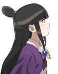  1girl ace_attorney bangs black_hair blunt_bangs commentary gazacy_(dai) hair_ornament half_updo highres japanese_clothes jewelry kimono long_hair magatama maya_fey necklace parted_bangs profile sidelocks smile solo 