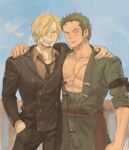  2boys blonde_hair blush collared_shirt curly_eyebrows facial_hair feet_out_of_frame goatee green_hair green_kimono grin hair_over_one_eye hand_on_another&#039;s_shoulder highres japanese_clothes kimono loose_necktie male_focus multiple_boys necktie no.6_(numberr_6) one_piece open_clothes open_kimono pectoral_cleavage pectorals roronoa_zoro sanji_(one_piece) scar scar_across_eye shirt short_hair side-by-side smile smoking toned toned_male yaoi 