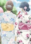  1girl 2girls absurdres basket blue_hair blue_kimono blue_sky brown_hair candy cloud dark_blue_hair day eyelashes floral_print flower foliage food from_behind fruit hair_bun hair_flower hair_ornament hairstyle_request hand_fan highres holding holding_fan holding_food japanese_clothes kimono light_blue_kimono multicolored_clothes multicolored_kimono multiple_girls obi original outdoors pink_flower pink_sash print_kimono sash single_hair_bun sky strawberry striped striped_kimono sweets tree vertical-striped_kimono vertical_stripes white_kimono wide_sleeves yellow_sash yukata yuum1709 