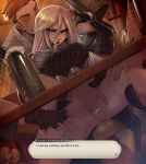  1boy 1girl alcohol angelise_reiter armor ass avatar_(ff14) beer beer_mug black_gloves blue_eyes blush breasts candle commission cup english_text final_fantasy final_fantasy_xiv fingering gloves greaves hair_between_eyes hetero highres knife lipstick long_hair makeup merunyaa mug no_panties pauldrons pussy pussy_juice red_lips shoulder_armor simple_background sitting solo_focus spread_legs sweatdrop uncensored very_long_hair 