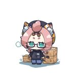  :&lt; =3 alternate_costume animal_ear_fluff animal_ears animal_print apron aqua_eyes arikuigames1105 bangs_pinned_back beret bespectacled black_apron black_footwear black_headwear black_shirt blue_pants blush_stickers box card cardboard_box cat_ears cat_girl cat_print cat_tail character_print chibi collared_shirt diona_(genshin_impact) genshin_impact glasses hat highres holding holding_card holding_key jitome key multicolored_tail name_tag orange_headwear pants paw_print shirt short_eyebrows short_hair store_clerk tail tape thick_eyebrows twitter_username two-tone_headwear white_background 